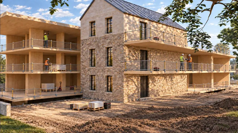 Der Bau im Rohzustand: Decken und Stützen aus Brettsperrholz stehen am Bruchsteinbau, auf den Ebenen arbeiten Leute, davor die Baustelle.